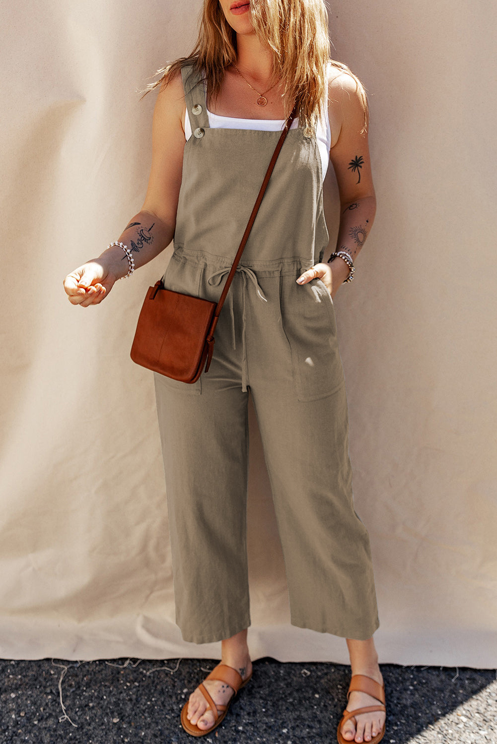 Sage Green Drawstring Buttoned Straps Cropped Overall Blue Zone Planet