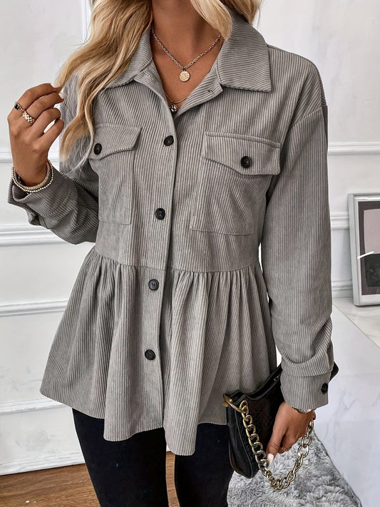 Corduroy Peplum Button Up Shacket-TOPS / DRESSES-[Adult]-[Female]-Gray-S-2022 Online Blue Zone Planet