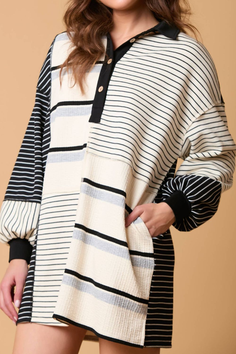 Wholesale MOQ6 Striped Patchwork Long Sleeve Mini Dress Wholesale MOQ6 Striped Patchwork Long Sleeve Mini Dress