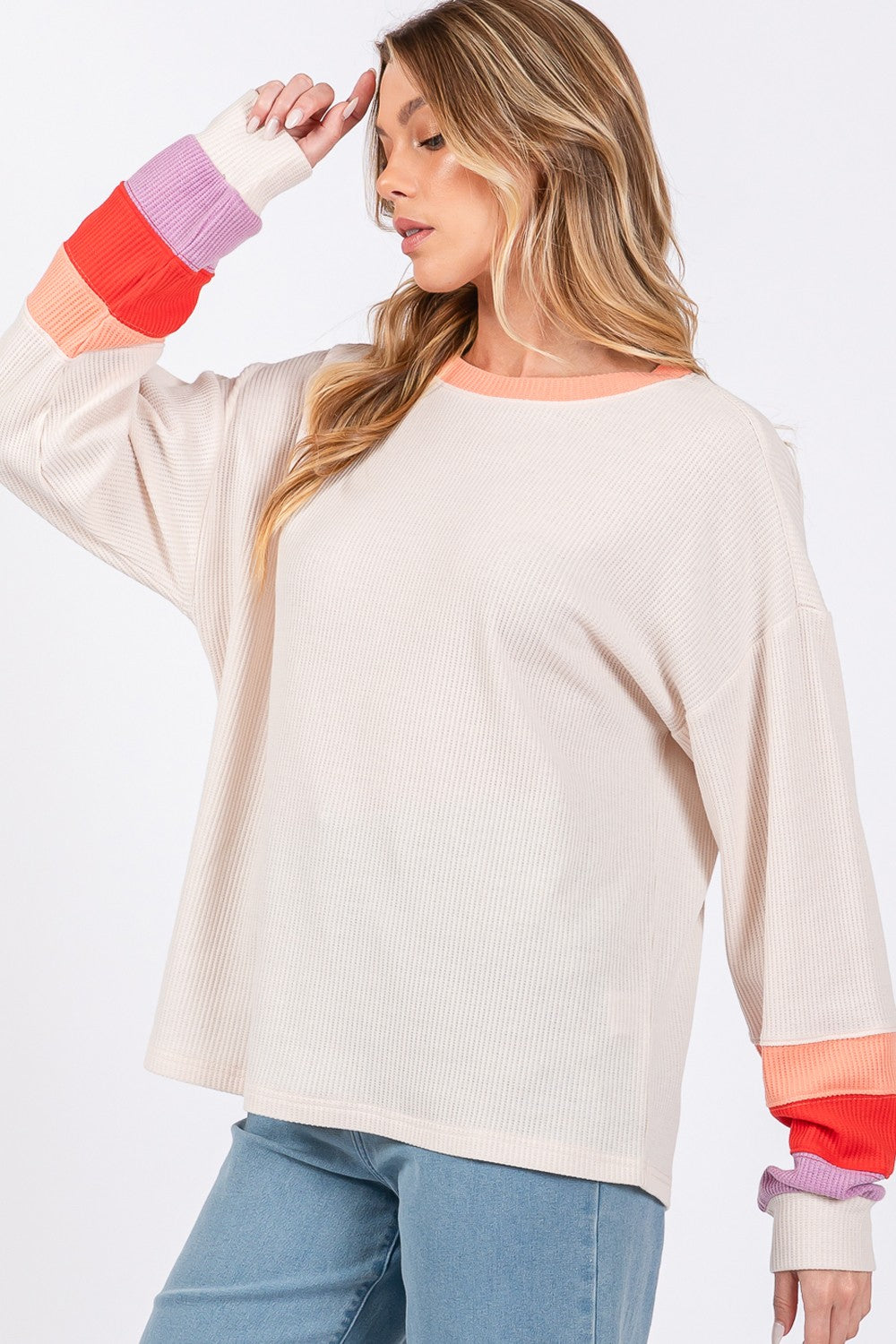 Blue Zone Planet | SAGE + FIG Color Block Waffle Knit T-Shirt-TOPS / DRESSES-[Adult]-[Female]-2022 Online Blue Zone Planet