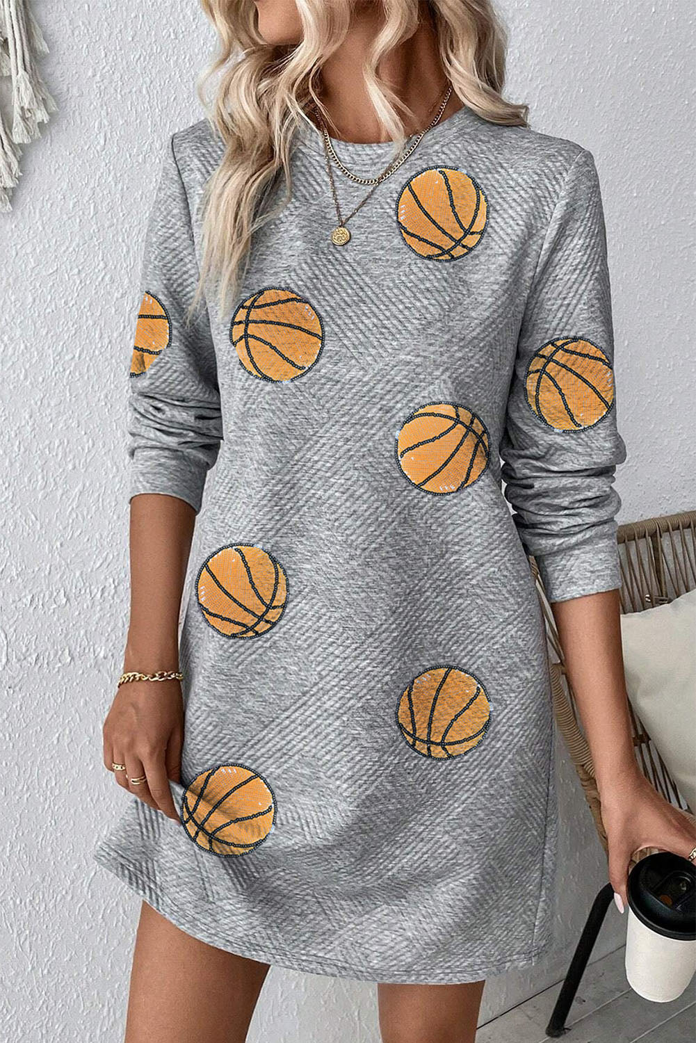 Gray Sequin Basketball Patched Textured Crewneck Shift Mini Dress-Graphic Apparel-[Adult]-[Female]-Gray-S-2022 Online Blue Zone Planet