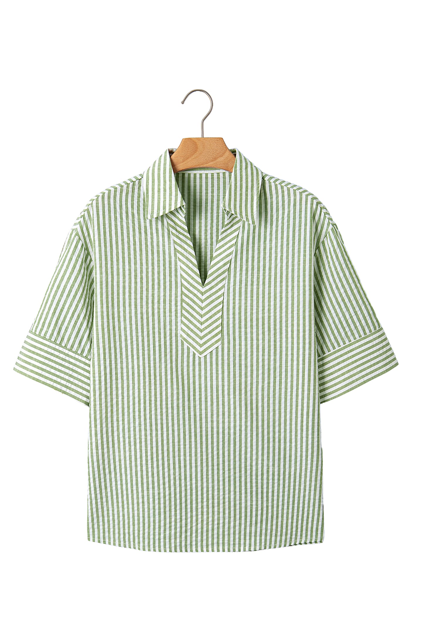 Green Stripe Shirt Collar Half Sleeve Blouse-Tops/Blouses & Shirts-[Adult]-[Female]-2022 Online Blue Zone Planet