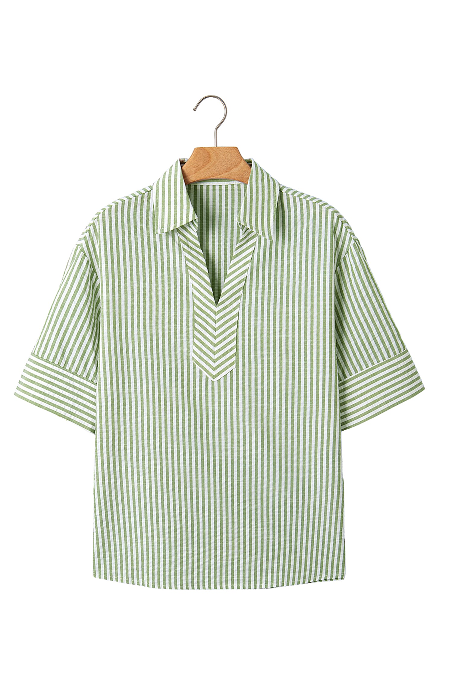 Green Stripe Shirt Collar Half Sleeve Blouse-Tops/Blouses & Shirts-[Adult]-[Female]-2022 Online Blue Zone Planet
