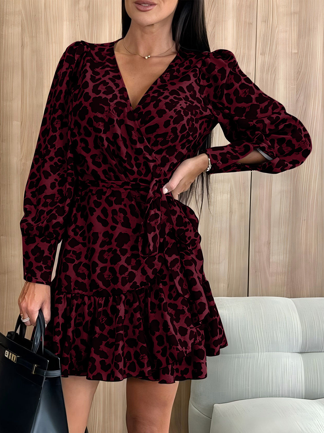 Blue Zone Planet | Tied Leopard Surplice Long Sleeve Dress-TOPS / DRESSES-[Adult]-[Female]-Burgundy-XL-2022 Online Blue Zone Planet