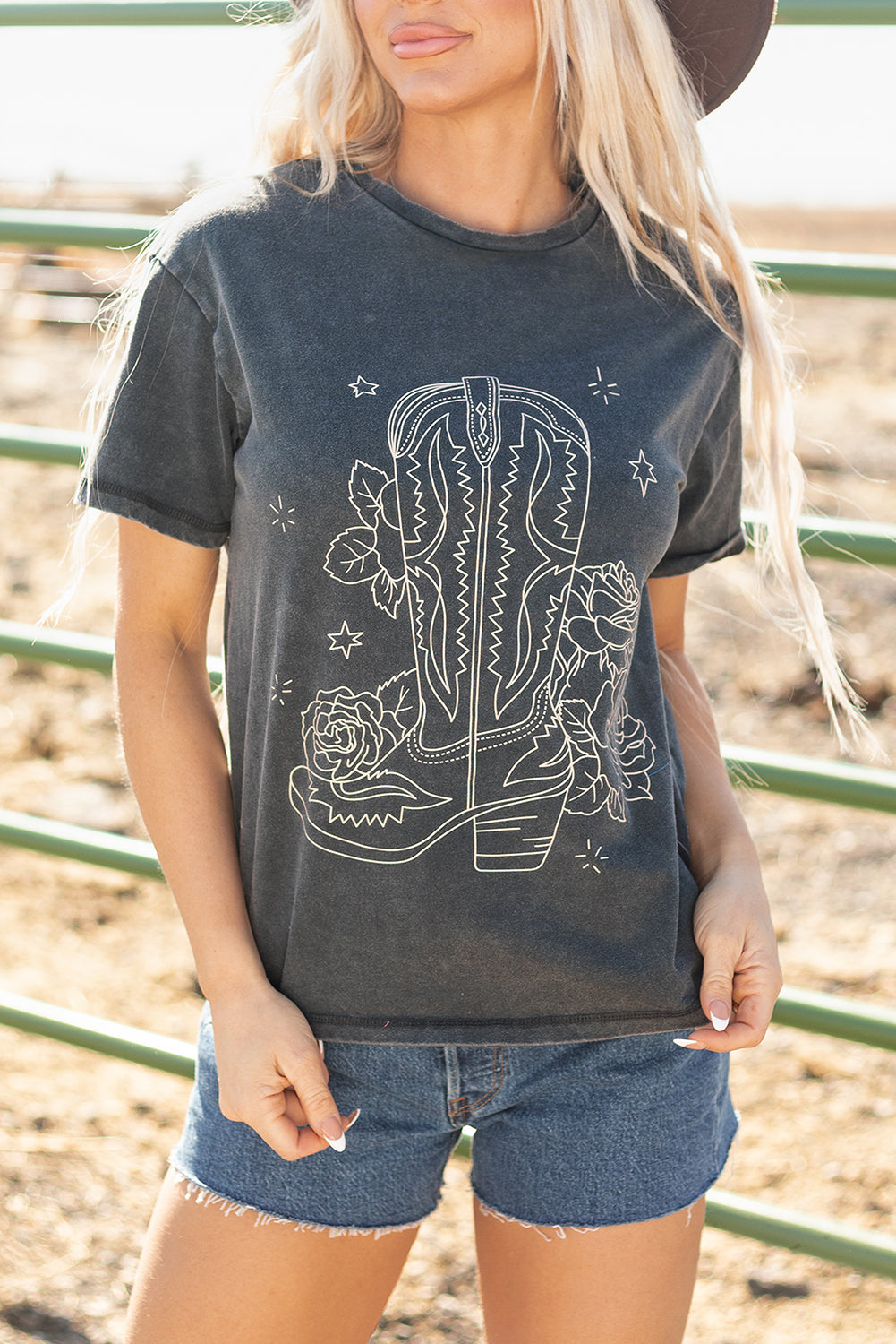 High-Rise Western Cowboy Boots Graphic Tee-Tops/Tops & Tees-[Adult]-[Female]-2022 Online Blue Zone Planet