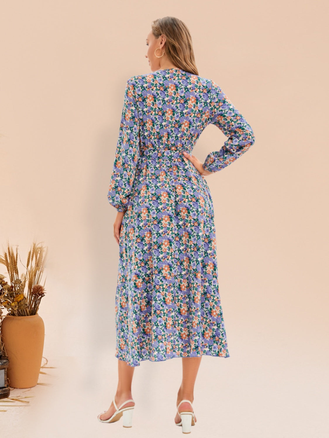 Full Size Printed Surplice Long Sleeve Dress BLUE ZONE PLANET