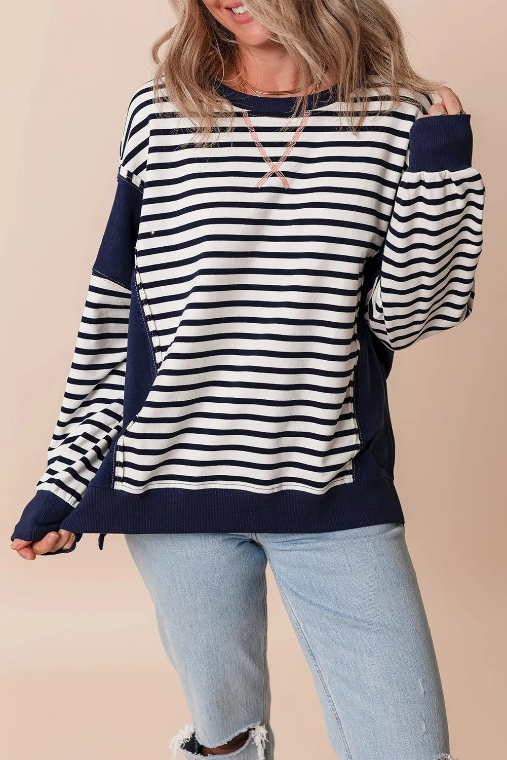 Striped Round Neck Long Sleeve Sweatshirt-TOPS / DRESSES-[Adult]-[Female]-2022 Online Blue Zone Planet