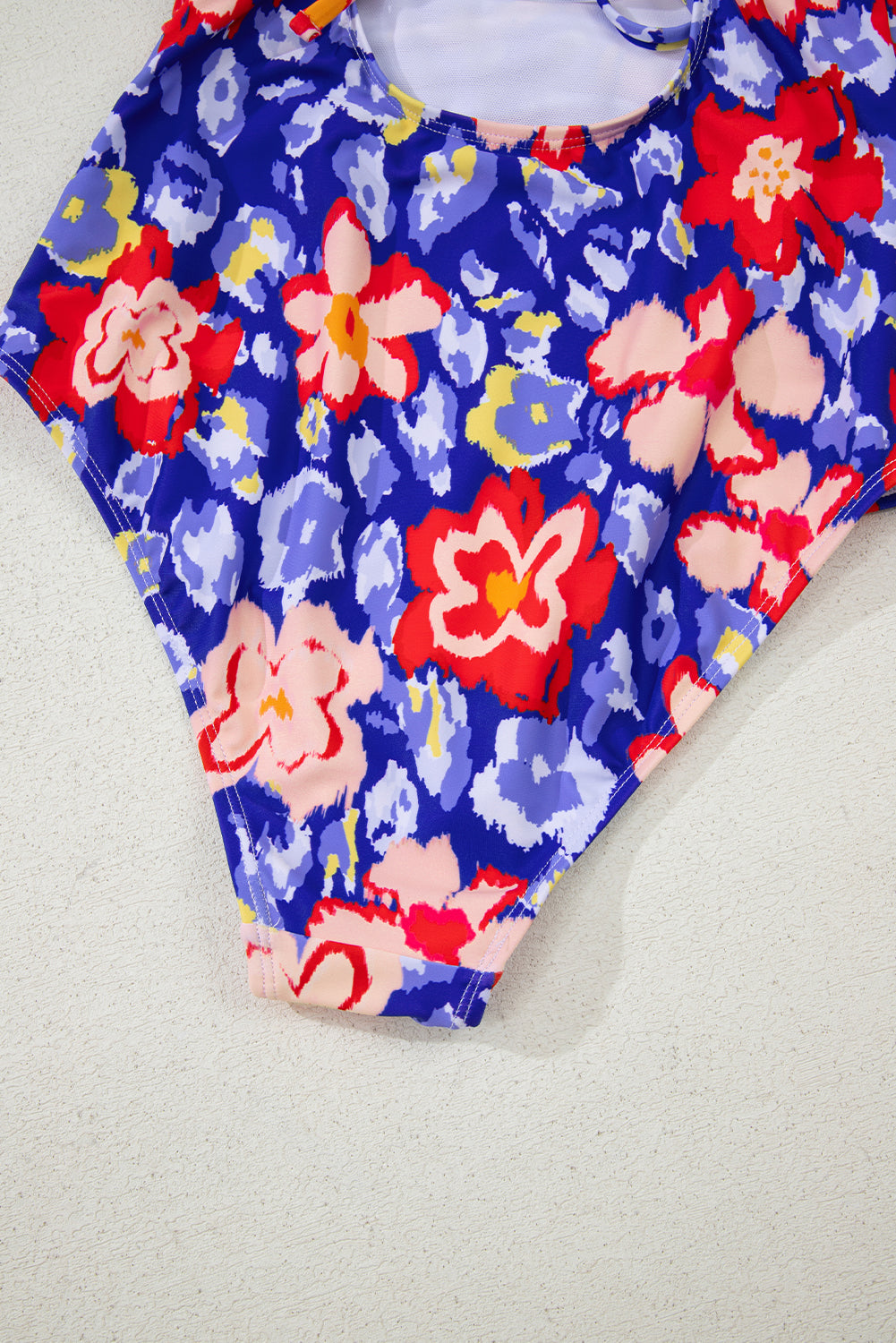 Blue Floral Ruffle Trim V Neck Lace-Up Back Tummy Control One Piece Swimsuit-Swimwear/One Piece Swimsuit-[Adult]-[Female]-2022 Online Blue Zone Planet