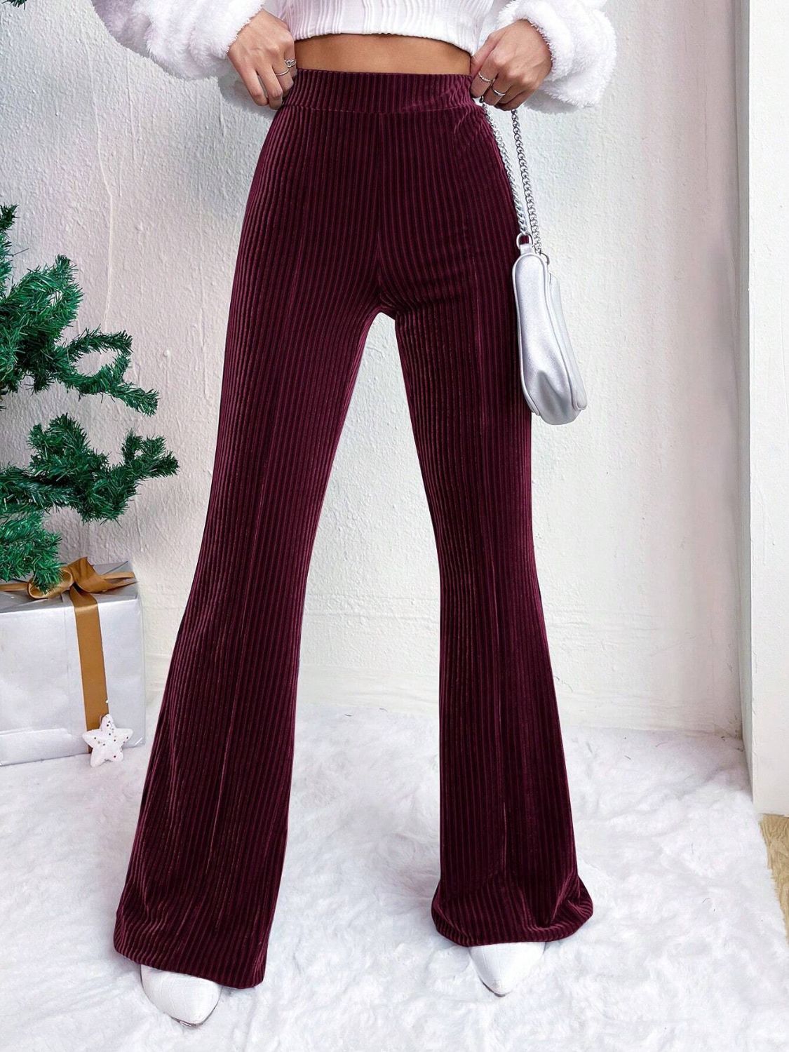 High Waist Flare Pants-BOTTOMS SIZES SMALL MEDIUM LARGE-[Adult]-[Female]-Burgundy-S-2022 Online Blue Zone Planet