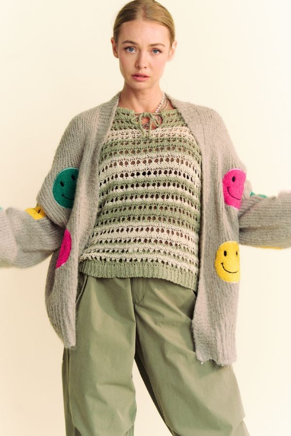 Davi & Dani Fuzzy Smile Open Front Long Sleeve Cardigan-TOPS / DRESSES-[Adult]-[Female]-2022 Online Blue Zone Planet