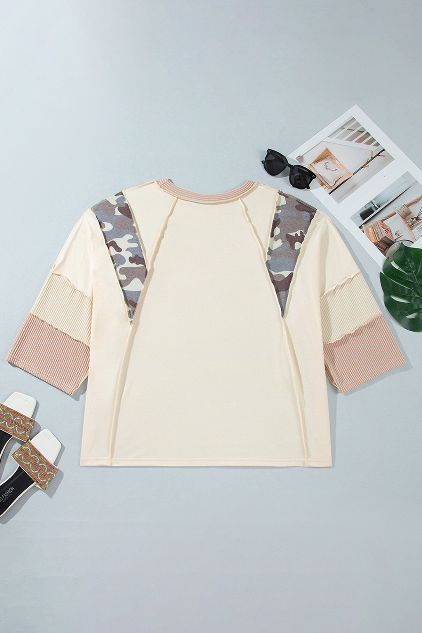 Apricot Camouflage Panel Twist Rib Sleeve Round Neck Loose Fit Plus Size Blouse-Plus Size/Plus Size Tops/Plus Size Blouses & Shirts-[Adult]-[Female]-2022 Online Blue Zone Planet