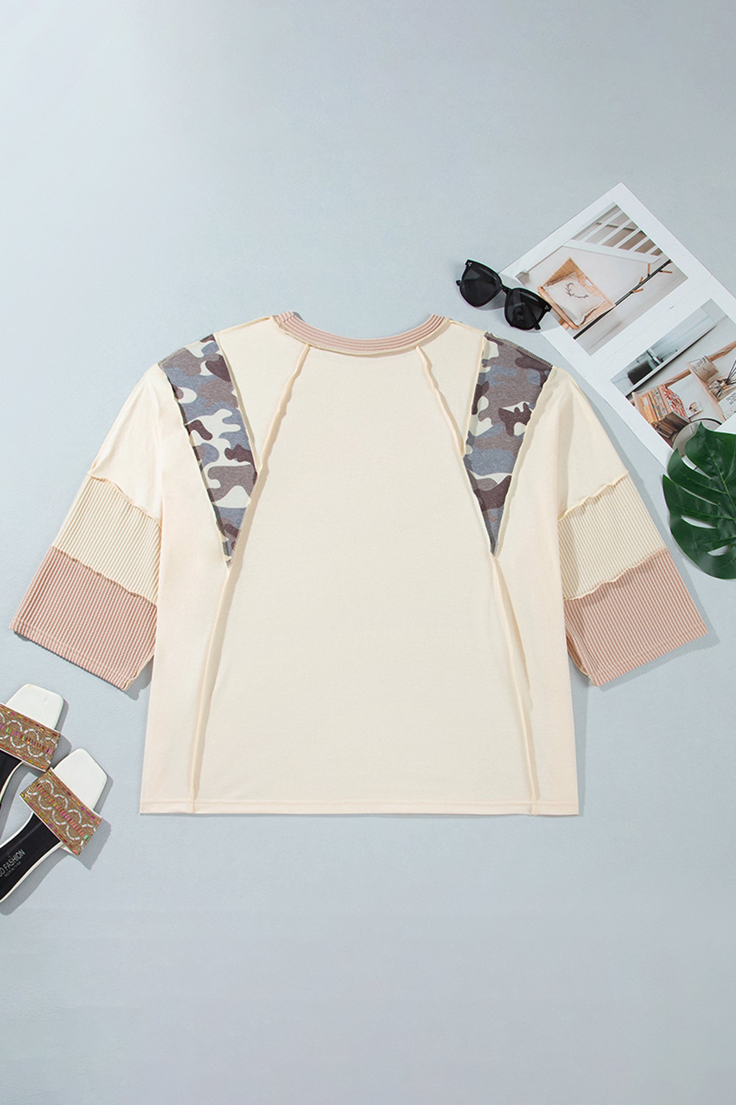 Apricot Camouflage Panel Twist Rib Sleeve Round Neck Loose Fit Plus Size Blouse-Plus Size/Plus Size Tops/Plus Size Blouses & Shirts-[Adult]-[Female]-2022 Online Blue Zone Planet