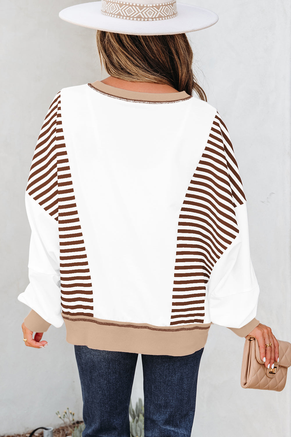 Brown Stripe Colorblock Patchwork Contrast Stitching Oversize Sweatshirt-Tops/Sweatshirts & Hoodies-[Adult]-[Female]-2022 Online Blue Zone Planet