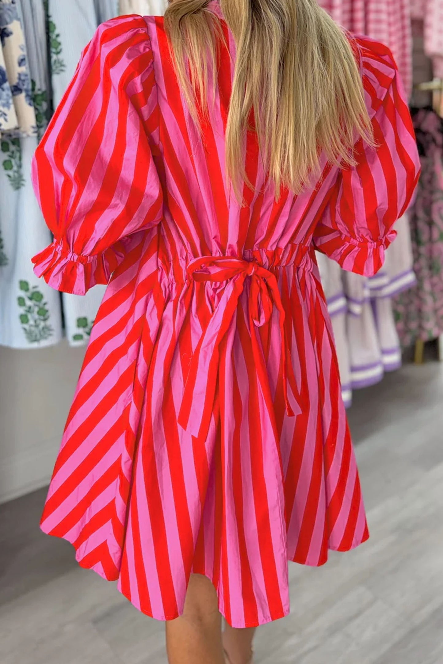 Red Stripe Half Button Puff Sleeve Loose Mini Dress-TOPS / DRESSES-[Adult]-[Female]-2022 Online Blue Zone Planet