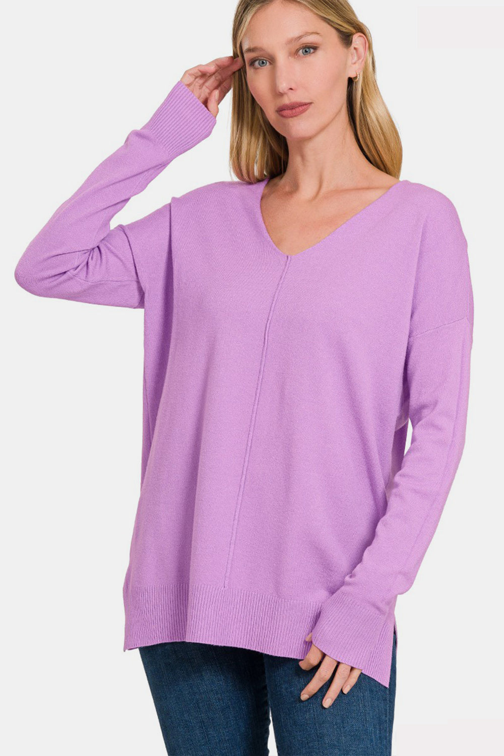 Blue Zone Planet | Zenana Slit V-Neck Dropped Shoulder Sweater-TOPS / DRESSES-[Adult]-[Female]-BLAVENDER-S/M-2022 Online Blue Zone Planet