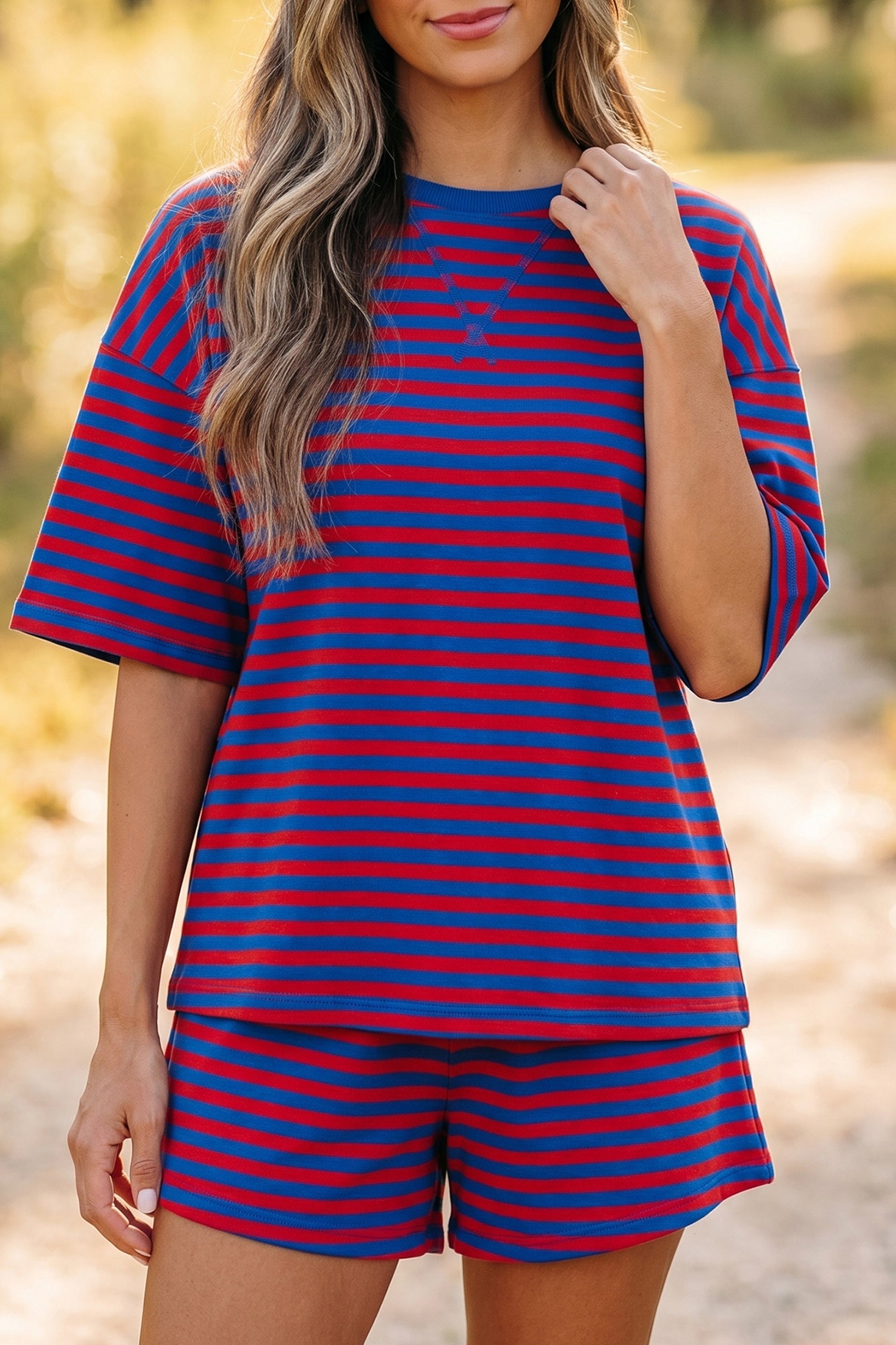 Green Stripe Striped Ribbed Cotton Two-Piece Pant Set with Chest Patch Detail-Two Piece Sets/Short Sets-[Adult]-[Female]-2022 Online Blue Zone Planet