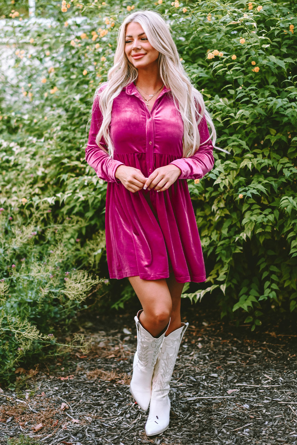 Zone Planet | Green Long Sleeve Ruffle Velvet Button Up Dress
