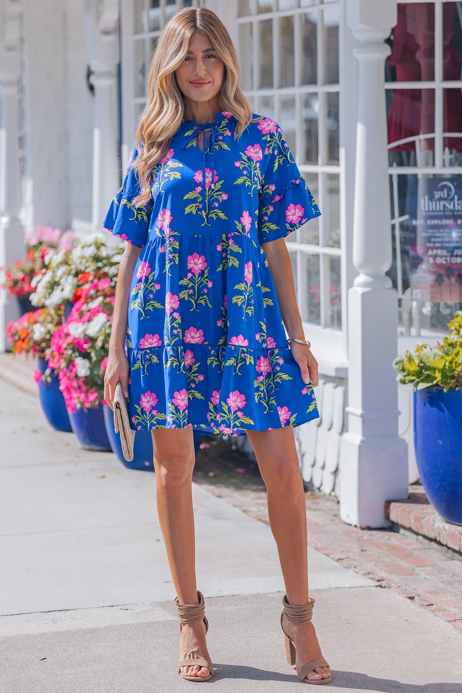Blue V Neck Short Sleeve Loose Flower Dress-TOPS / DRESSES-[Adult]-[Female]-2022 Online Blue Zone Planet