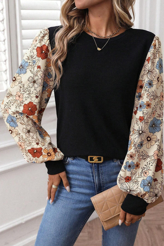 Apricot Flower Puff Sleeve Patchwork Top-Tops/Long Sleeve Tops-[Adult]-[Female]-Apricot-S-2022 Online Blue Zone Planet