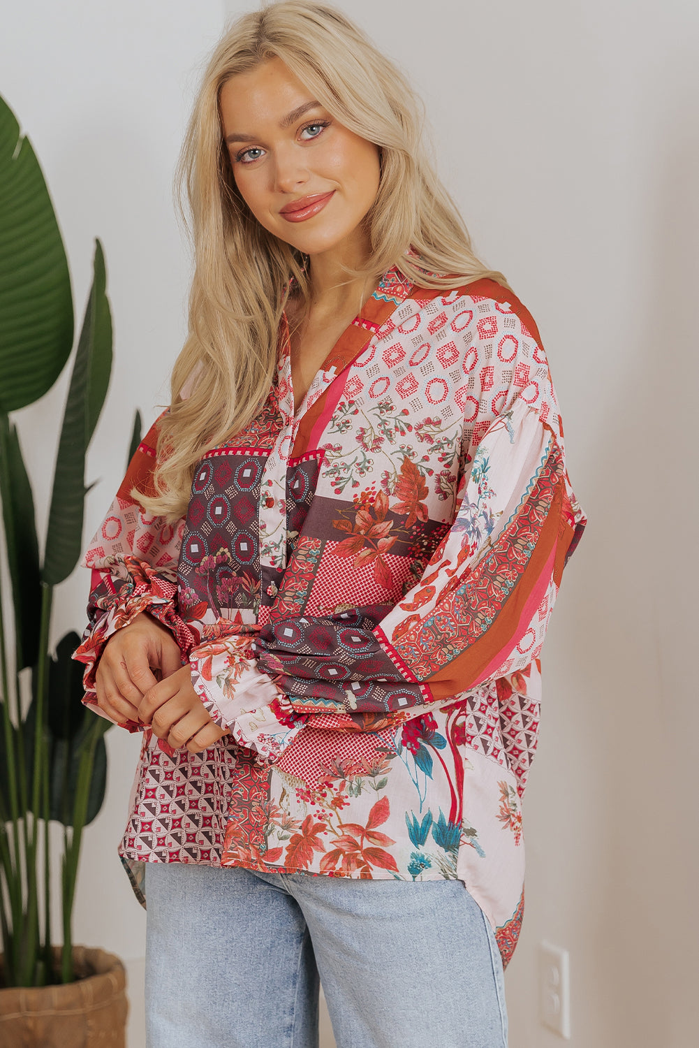 Blue Zone Planet | Red Boho Geometric Mixed Print Patchwork Bubble Sleeve Shirt-Tops/Blouses & Shirts-[Adult]-[Female]-2022 Online Blue Zone Planet