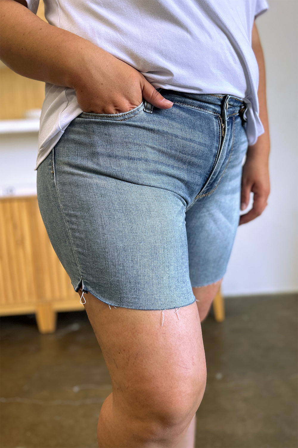 Judy Blue Full Size High Waist Raw Hem Denim Shorts-BOTTOM SIZES SMALL MEDIUM LARGE-[Adult]-[Female]-2022 Online Blue Zone Planet