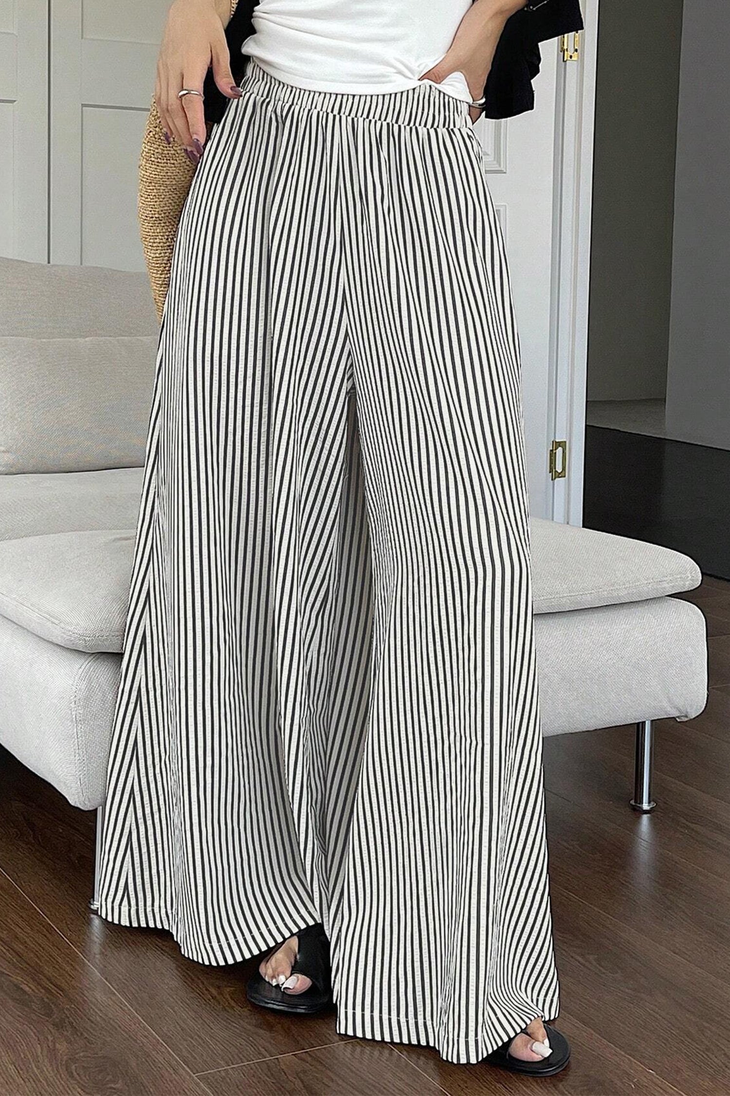 Black Stripe Elastic Waist Ultra Wide Leg Pants-Bottoms/Pants & Culotte-[Adult]-[Female]-2022 Online Blue Zone Planet