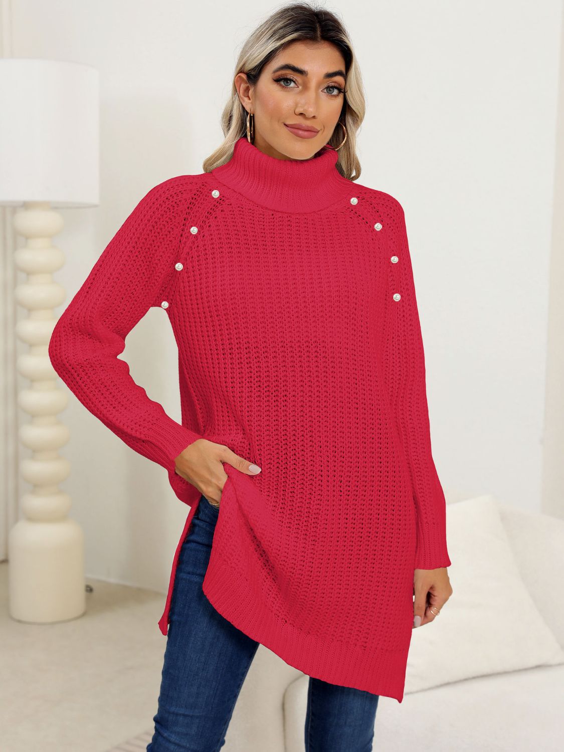 Slit Turtleneck Long Sleeve Sweater-TOPS / DRESSES-[Adult]-[Female]-Deep Red-S-2022 Online Blue Zone Planet