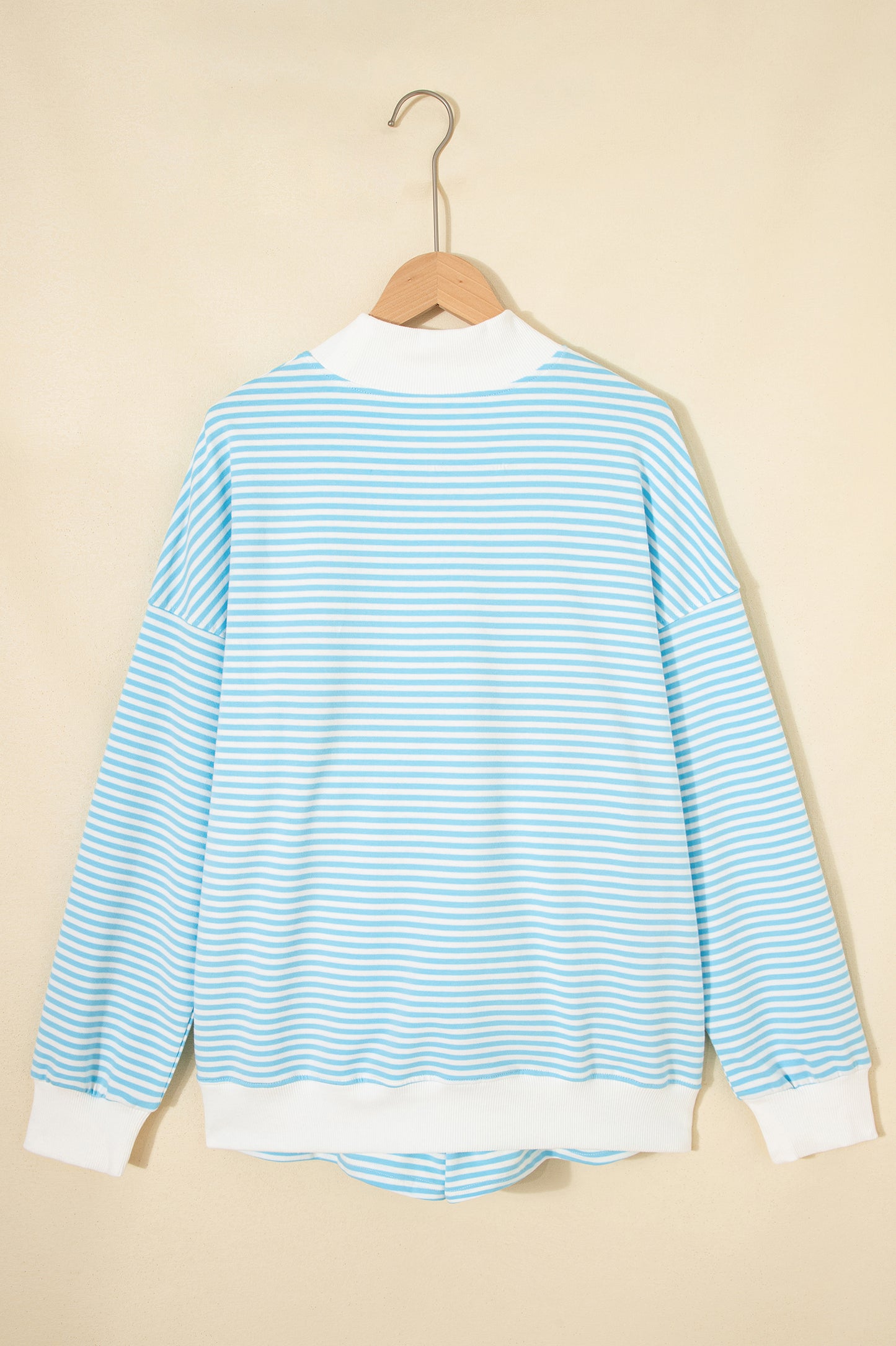 Sky Blue Stripe Oversize Mock Neck Sweatshirt and Shorts Set-Two Piece Sets/Short Sets-[Adult]-[Female]-2022 Online Blue Zone Planet
