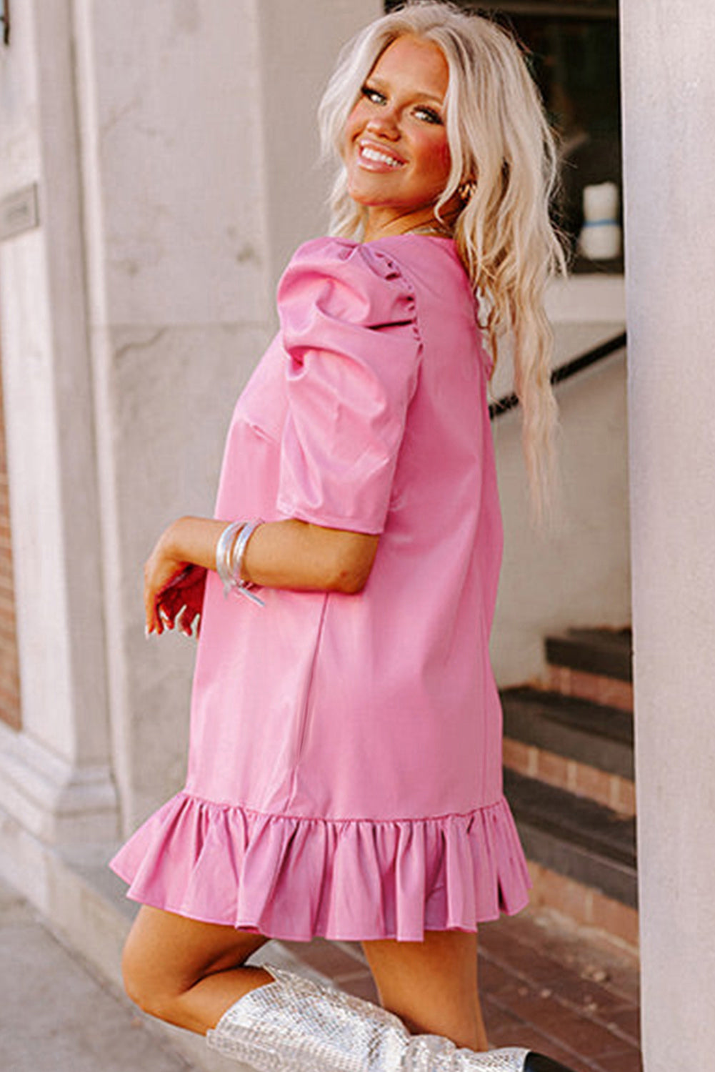 Sachet Pink Pleather Bubble Short Sleeve V Neck Ruffled Hem Mini Dress-Dresses/Mini Dresses-[Adult]-[Female]-2022 Online Blue Zone Planet