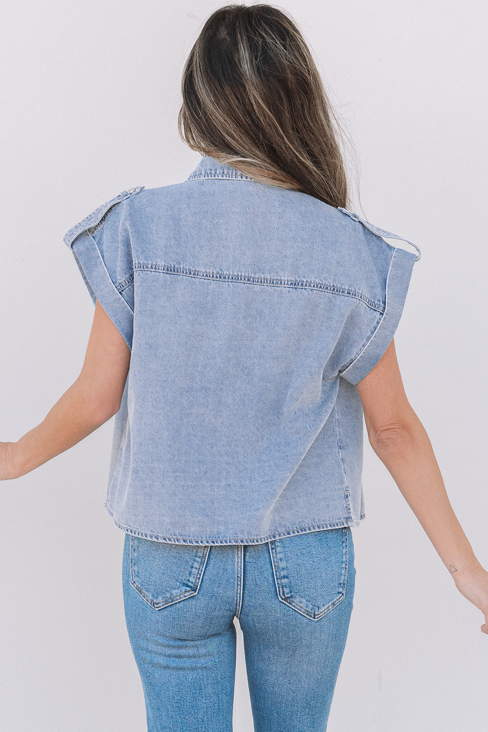 Dusk Blue Denim Pinup Folded Cap Sleeve Shirt-Tops/Blouses & Shirts-[Adult]-[Female]-2022 Online Blue Zone Planet