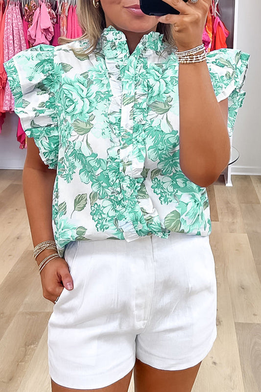 Green Floral Print Ruffle Sleeve Frilly Button Up Shirt-Tops/Blouses & Shirts-[Adult]-[Female]-Green-S-2022 Online Blue Zone Planet