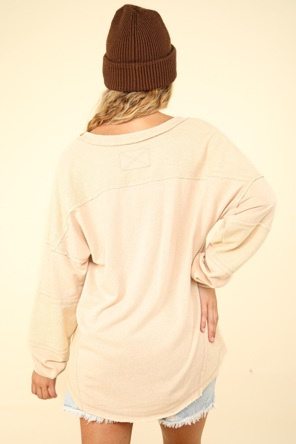 VERY J Washed V-Neck Exposed Seam Knit Top-[Adult]-[Female]-2022 Online Blue Zone Planet