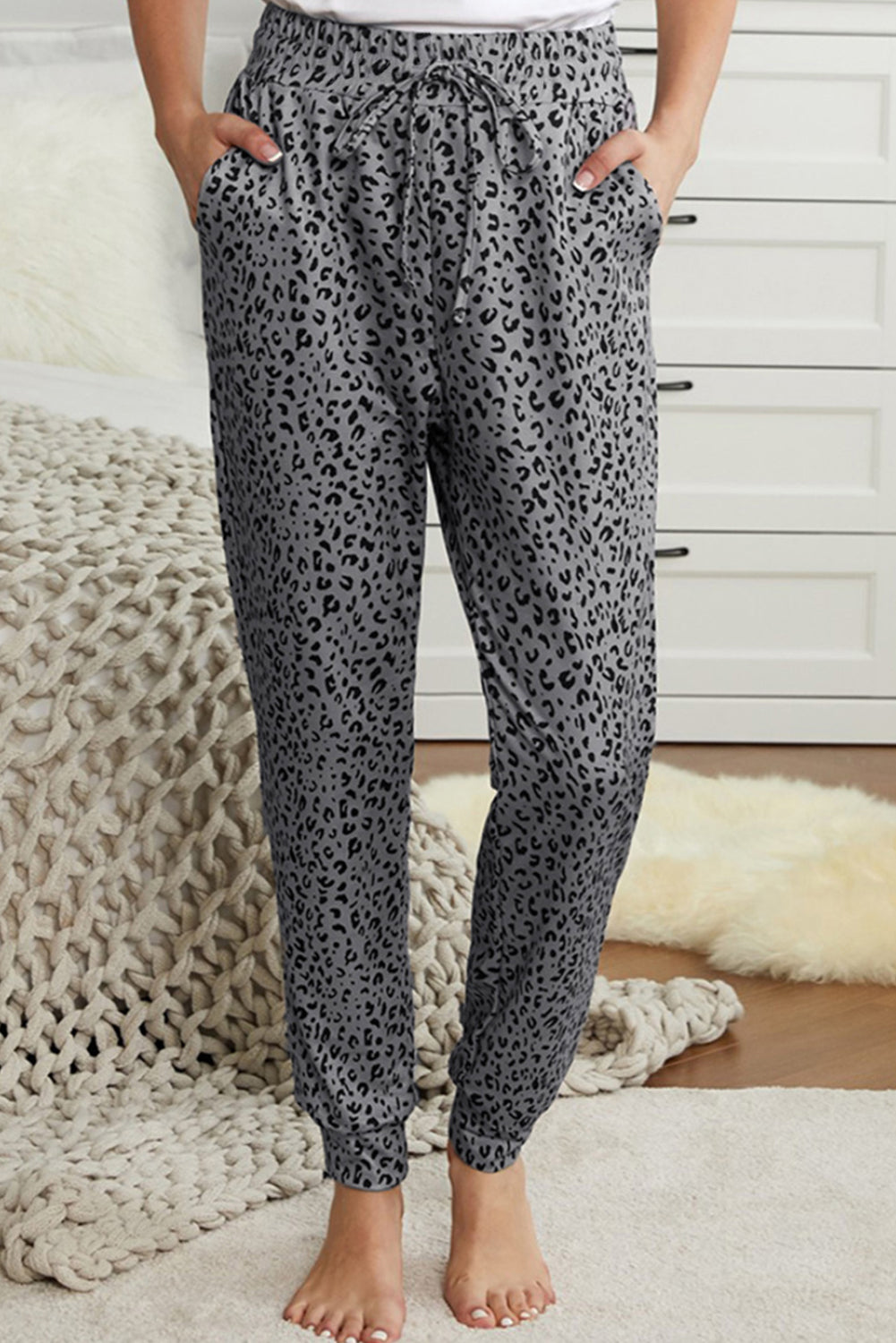 Gray Leopard Elastic Waist Casual Joggers-Bottoms/Pants & Culotte-[Adult]-[Female]-2022 Online Blue Zone Planet