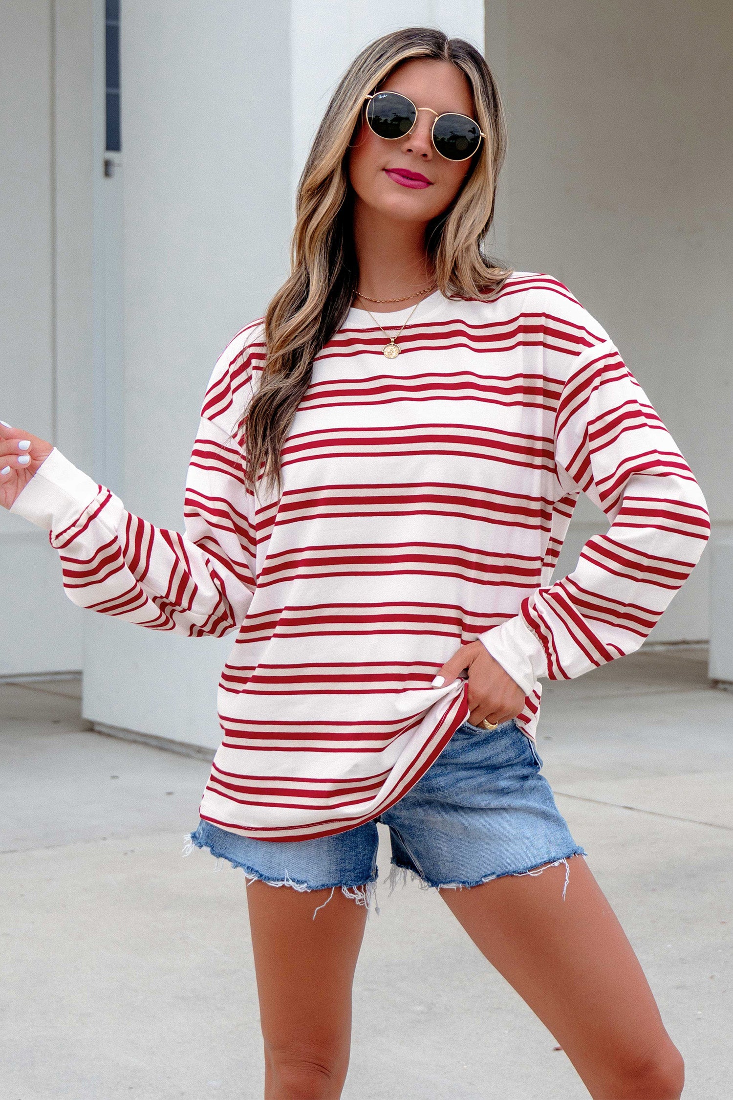 Red Stripe Dropped Shoulder Long Sleeve Casual Pullover Top-Tops/Long Sleeve Tops-[Adult]-[Female]-2022 Online Blue Zone Planet