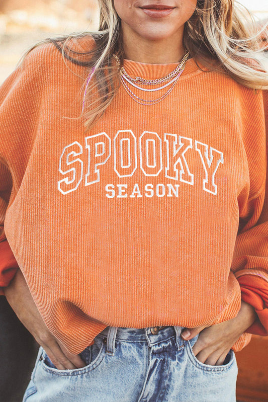 Orange Spooky Season Embroidered Letter Graphic Twisted Ribbed Sweatshirt-Graphic/Graphic Sweatshirts-[Adult]-[Female]-Orange-3-S-2022 Online Blue Zone Planet