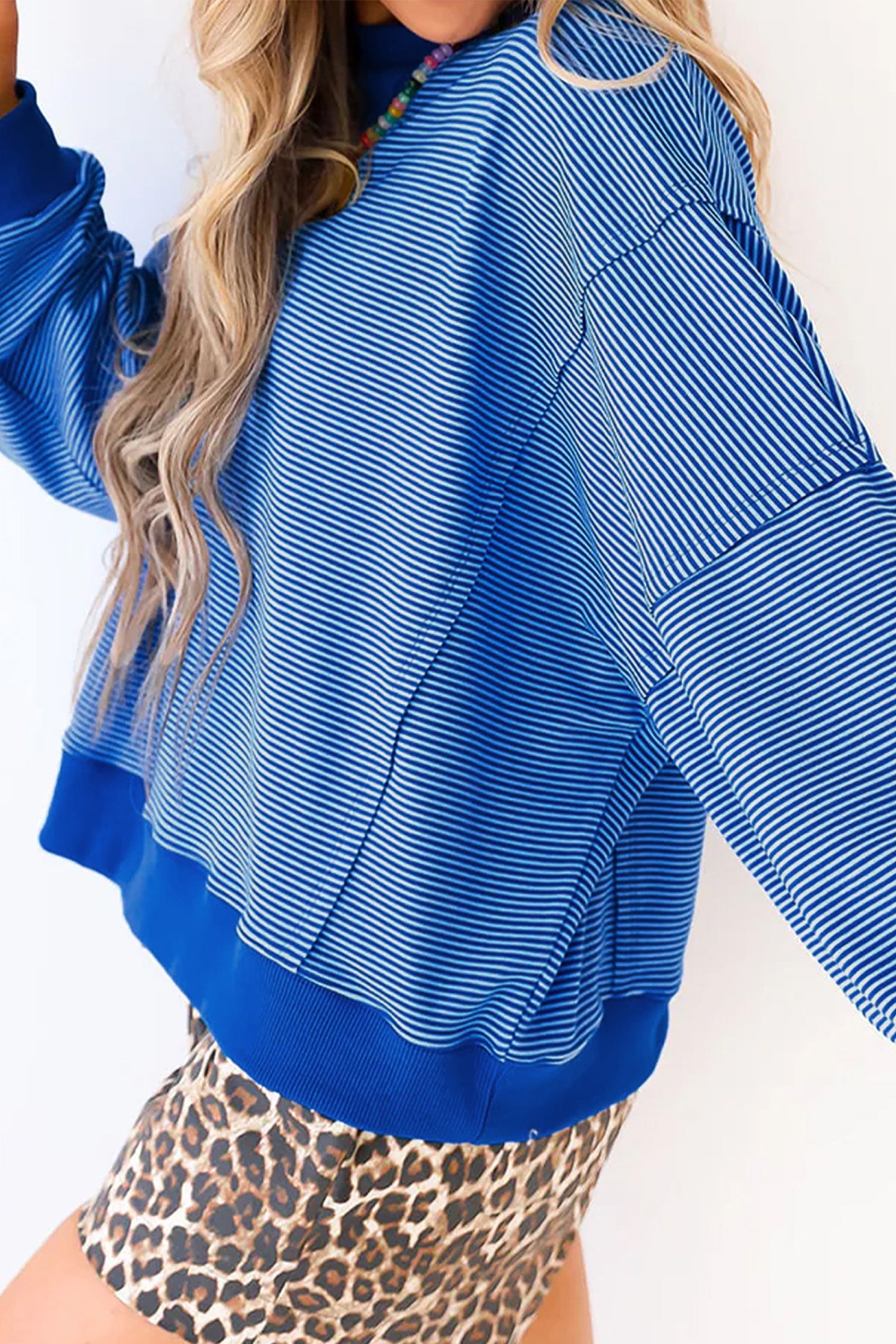 Blue Stripe Ribbed Cuffs Hem Long Sleeve Pullover Top-Tops/Long Sleeve Tops-[Adult]-[Female]-2022 Online Blue Zone Planet