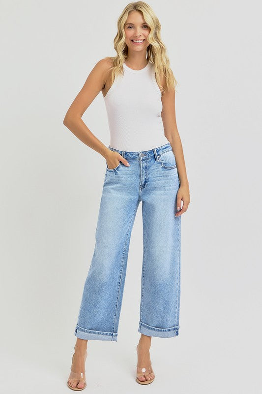 RISEN Full Size Ankle Wide Leg Cuffed Jeans Plus Size-BOTTOMS SIZES SMALL MEDIUM LARGE-[Adult]-[Female]-2022 Online Blue Zone Planet