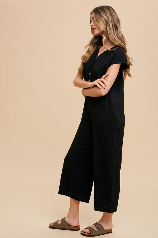 Annie Wear Button Detail Wide Leg Jumpsuit with Pockets-TOPS / DRESSES-[Adult]-[Female]-2022 Online Blue Zone Planet