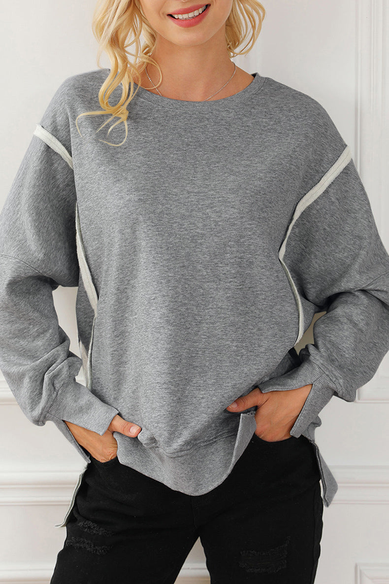 Exposed Seam High-Low Long Sleeve Sweatshirt-TOPS / DRESSES-[Adult]-[Female]-Gray-One Size-2022 Online Blue Zone Planet