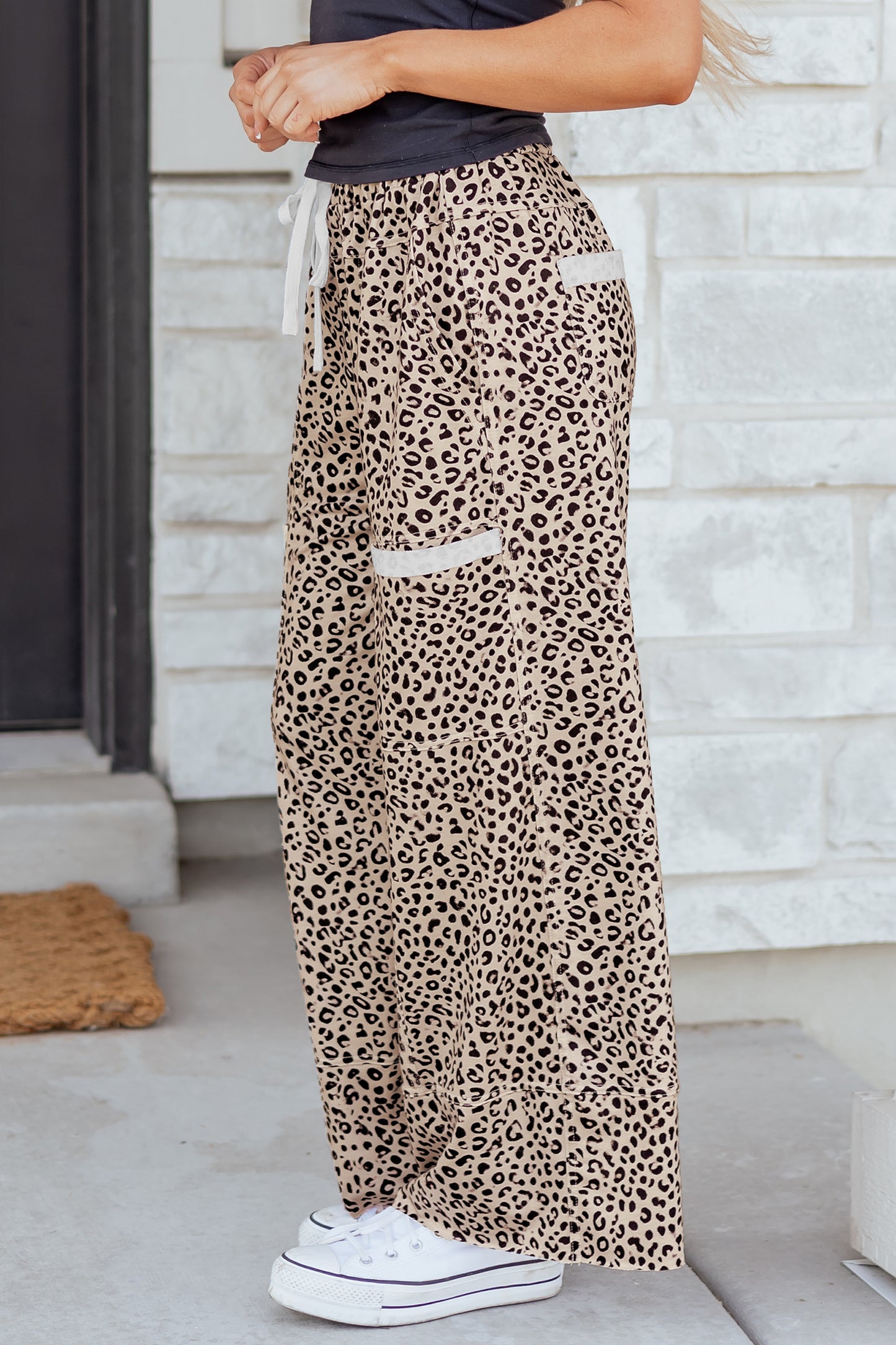 Khaki Animal Print Wide Leg Terry Knit Pants-Bottoms/Pants & Culotte-[Adult]-[Female]-2022 Online Blue Zone Planet