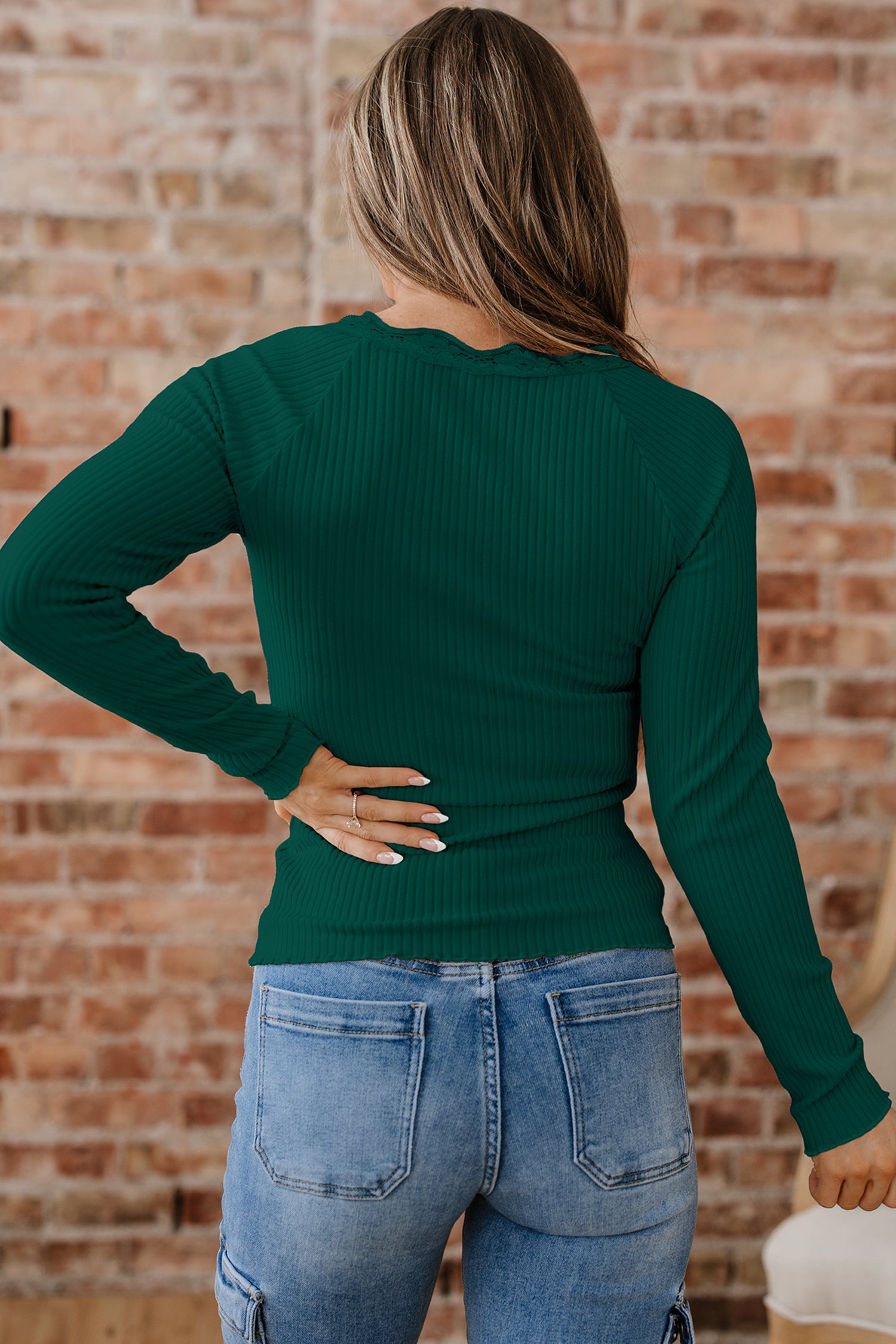 Skobeloff Lace Neckline Button Decor Lettuce Edge Long Sleeve Ribbed Top-Tops/Long Sleeve Tops-[Adult]-[Female]-2022 Online Blue Zone Planet