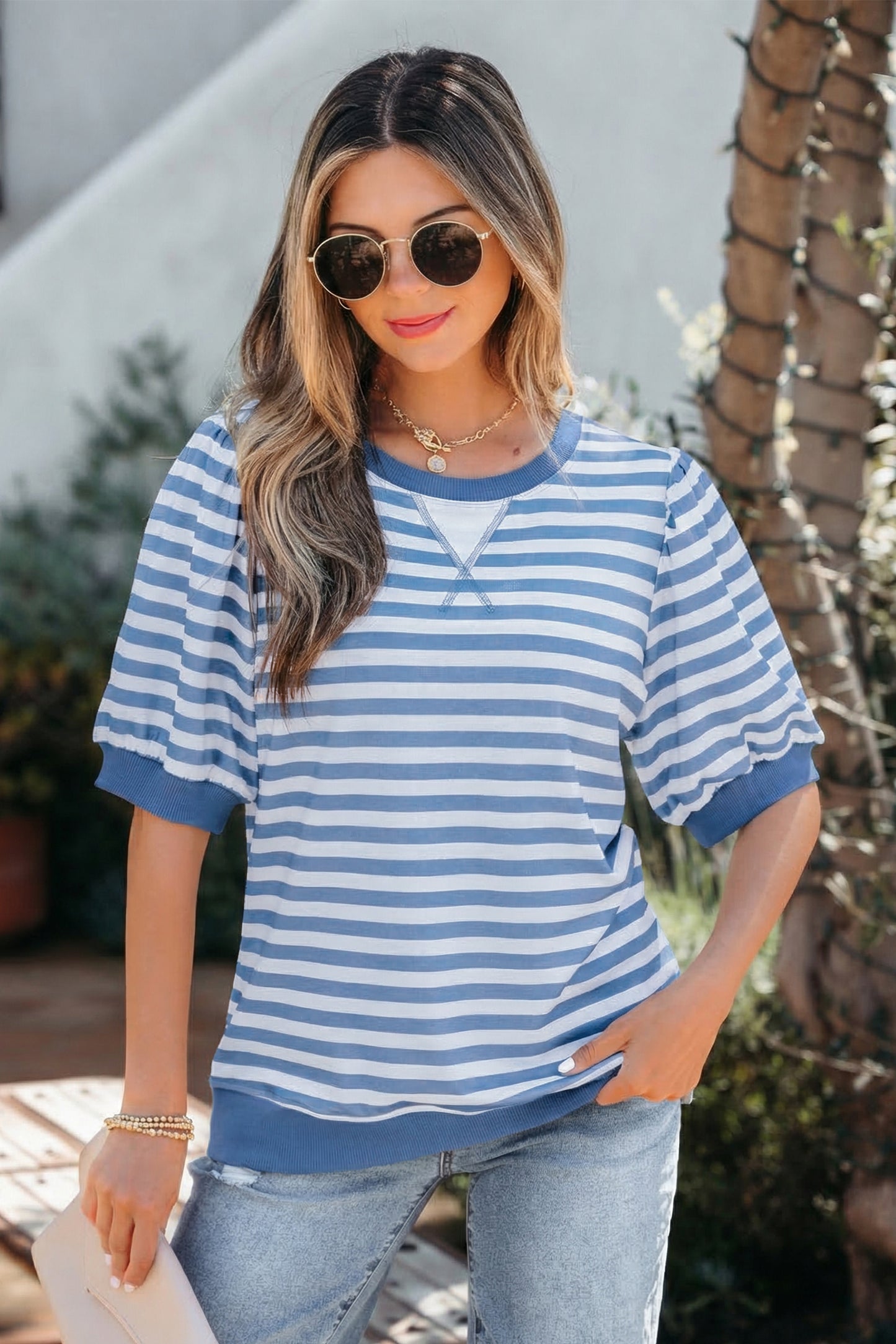 Orange Stripe Short Bubble Sleeve T Shirt-Tops/Tops & Tees-[Adult]-[Female]-Sky Blue Stripe-S-2022 Online Blue Zone Planet