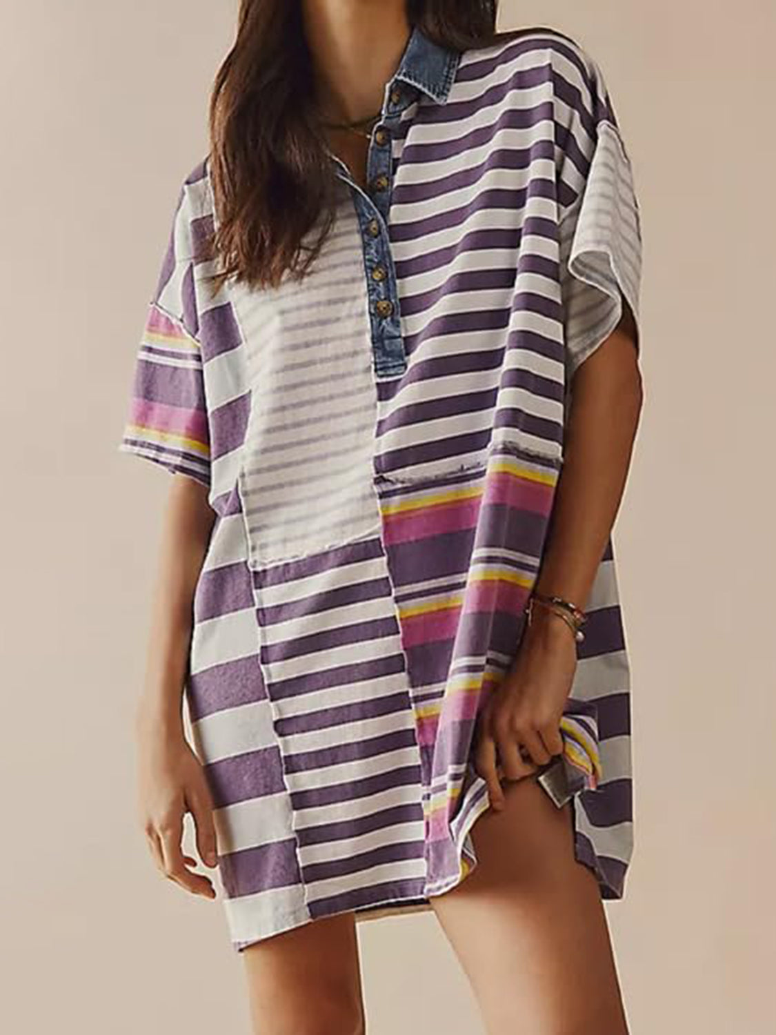 Blue Zone Planet | Exposed Seam Striped Half Sleeve Mini Dress-TOPS / DRESSES-[Adult]-[Female]-Lilac-S-2022 Online Blue Zone Planet