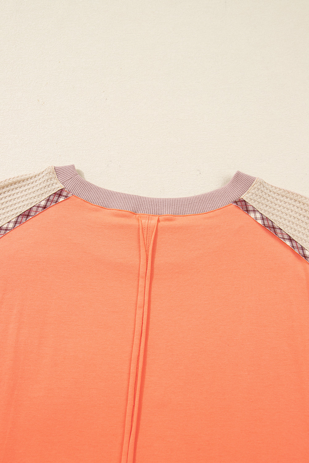 Grapefruit Orange Plaid Flower Waffle Patched Plus Size 3/4 Sleeve Top-Plus Size/Plus Size Tops/Plus Size Long Sleeve Tops-[Adult]-[Female]-2022 Online Blue Zone Planet