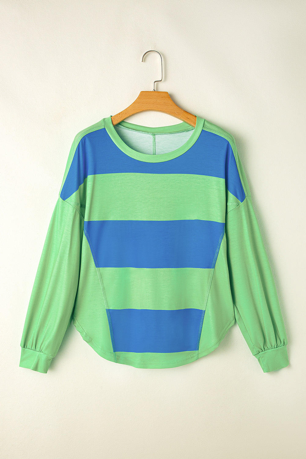 Blue Zone Planet | Blue Colorblock Striped Drop Shoulder Loose Top-Tops/Long Sleeve Tops-[Adult]-[Female]-2022 Online Blue Zone Planet