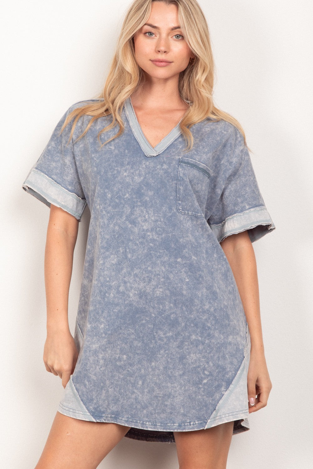 VERY J Short Sleeve V-Neck Tee Dress-TOPS / DRESSES-[Adult]-[Female]-Denim-S-2022 Online Blue Zone Planet