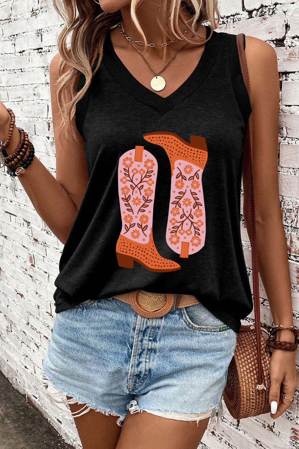 Black Cowgirl Floral Boots Printed Tank Top-Graphic/Graphic Tank Tops-[Adult]-[Female]-2022 Online Blue Zone Planet