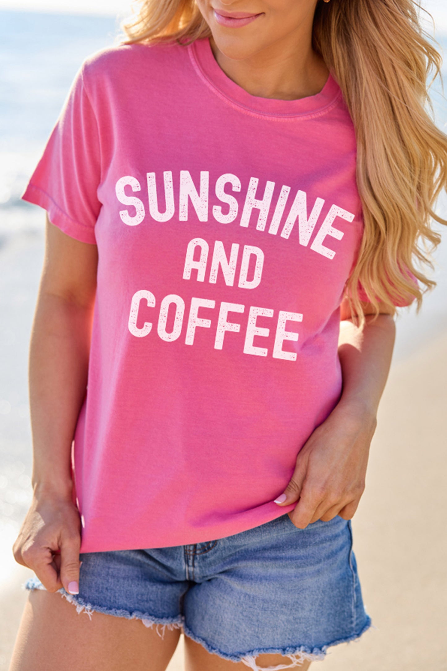 Sachet Pink Sunshine And Coffee Summer Beachwear Graphic Tee-Graphic/Graphic Tees-[Adult]-[Female]-2022 Online Blue Zone Planet