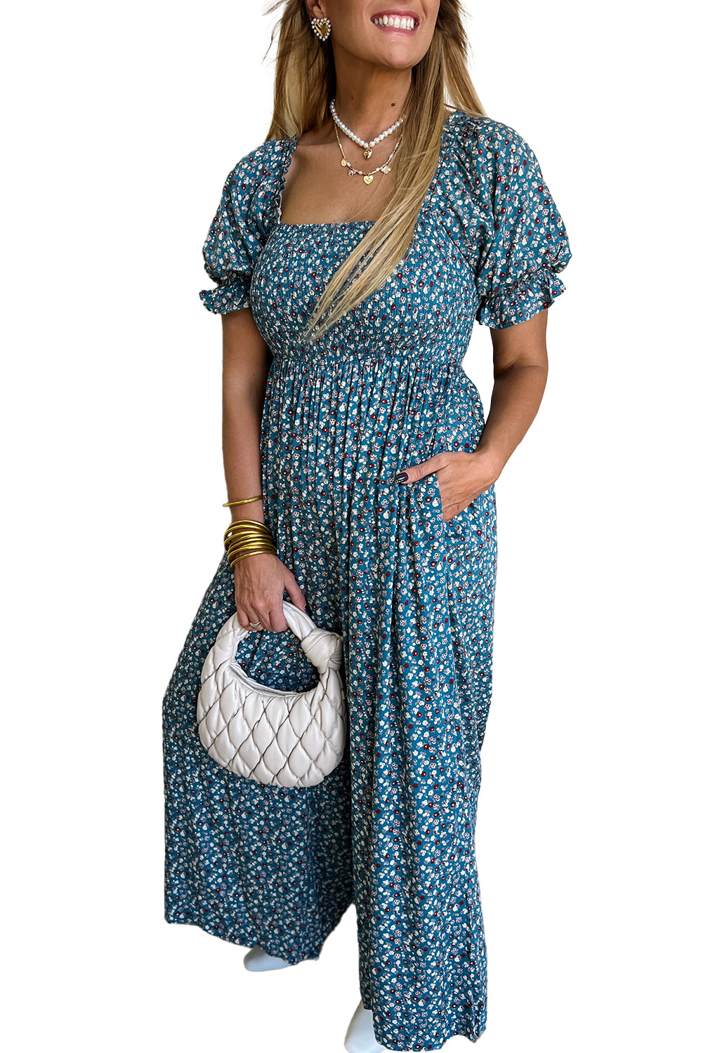 Blue Vintage Boho Floral Smocked Short Puff Sleeve Wide Leg Jumpsuit-Jumpsuits-[Adult]-[Female]-2022 Online Blue Zone Planet