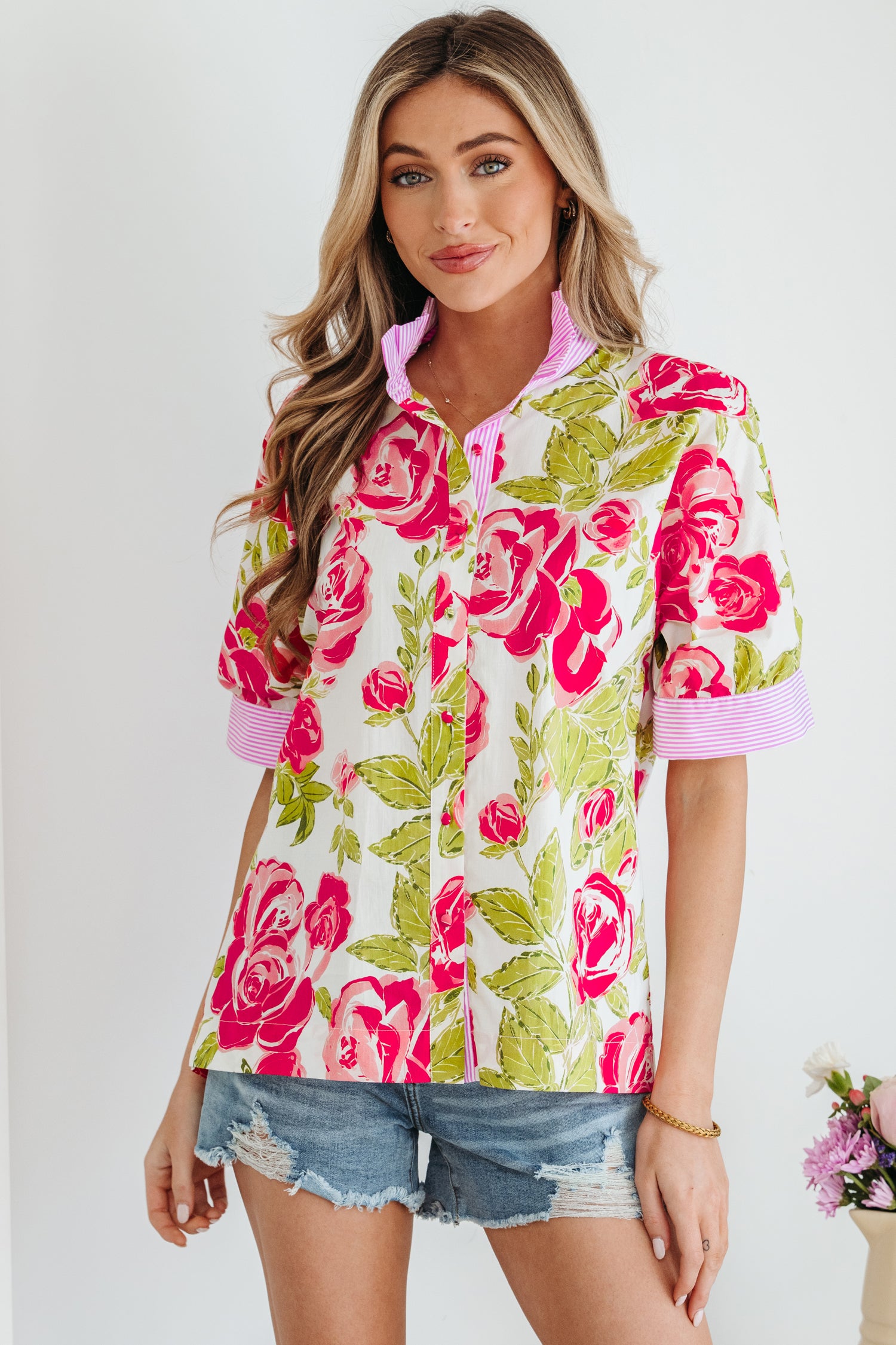 Pink Flower Print Striped Trim Frilled Collar Short Sleeve Shirt-Tops/Blouses & Shirts-[Adult]-[Female]-2022 Online Blue Zone Planet